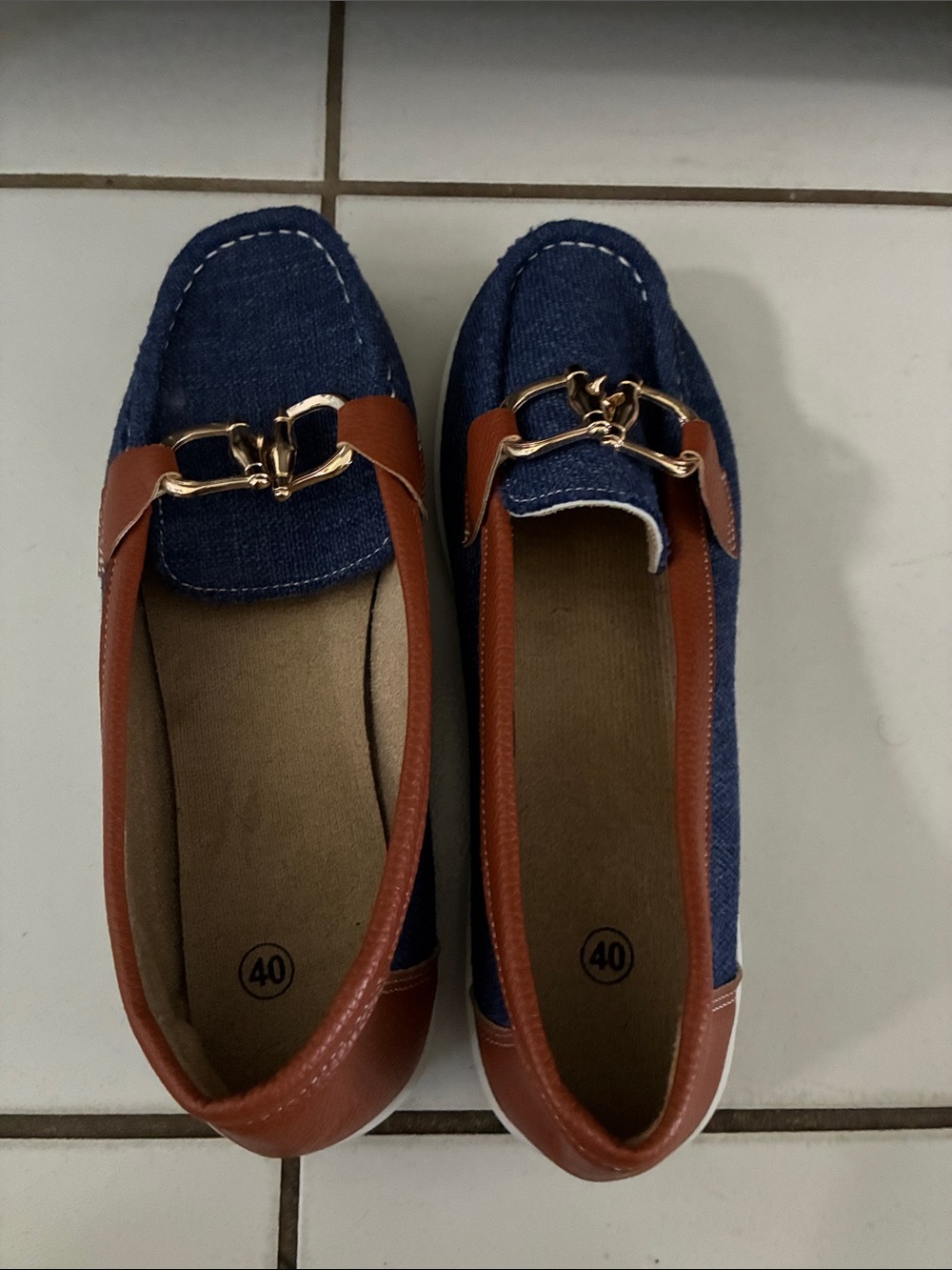 Denim & Tan Women's Loafers with Gold Bit Accent